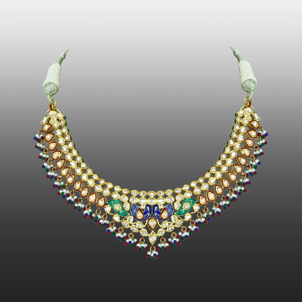 Polki Necklace with Peacock Enamel and Multicolour Beads